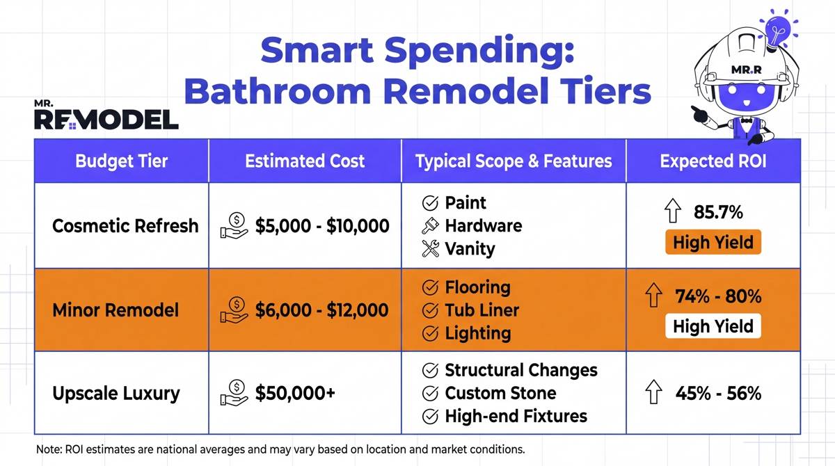 A technical data table comparing the 2026 costs, scopes, and ROI for different bathroom remodeling budget brackets, highlighting the value of mid-range projects.